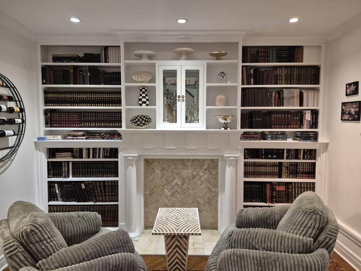 Antique bookshelf fireplace with new built-in bookcase